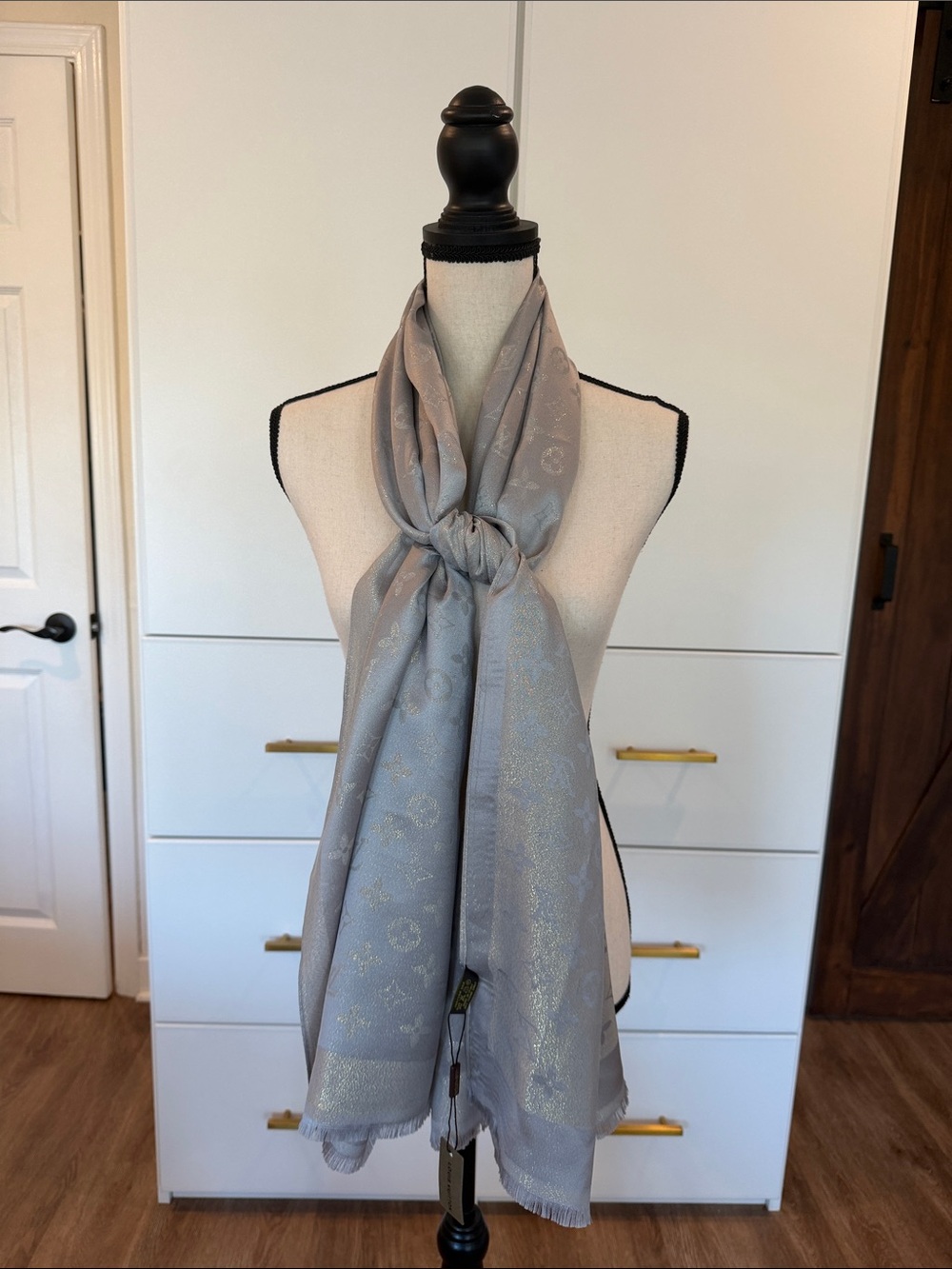 Louis Vuitton Silver Monogram Silk-Blend Shawl